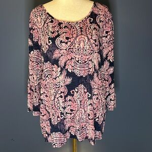 Chico's tunic top-sz 2, navy, purple, white medallian/paisley print, scoop neck